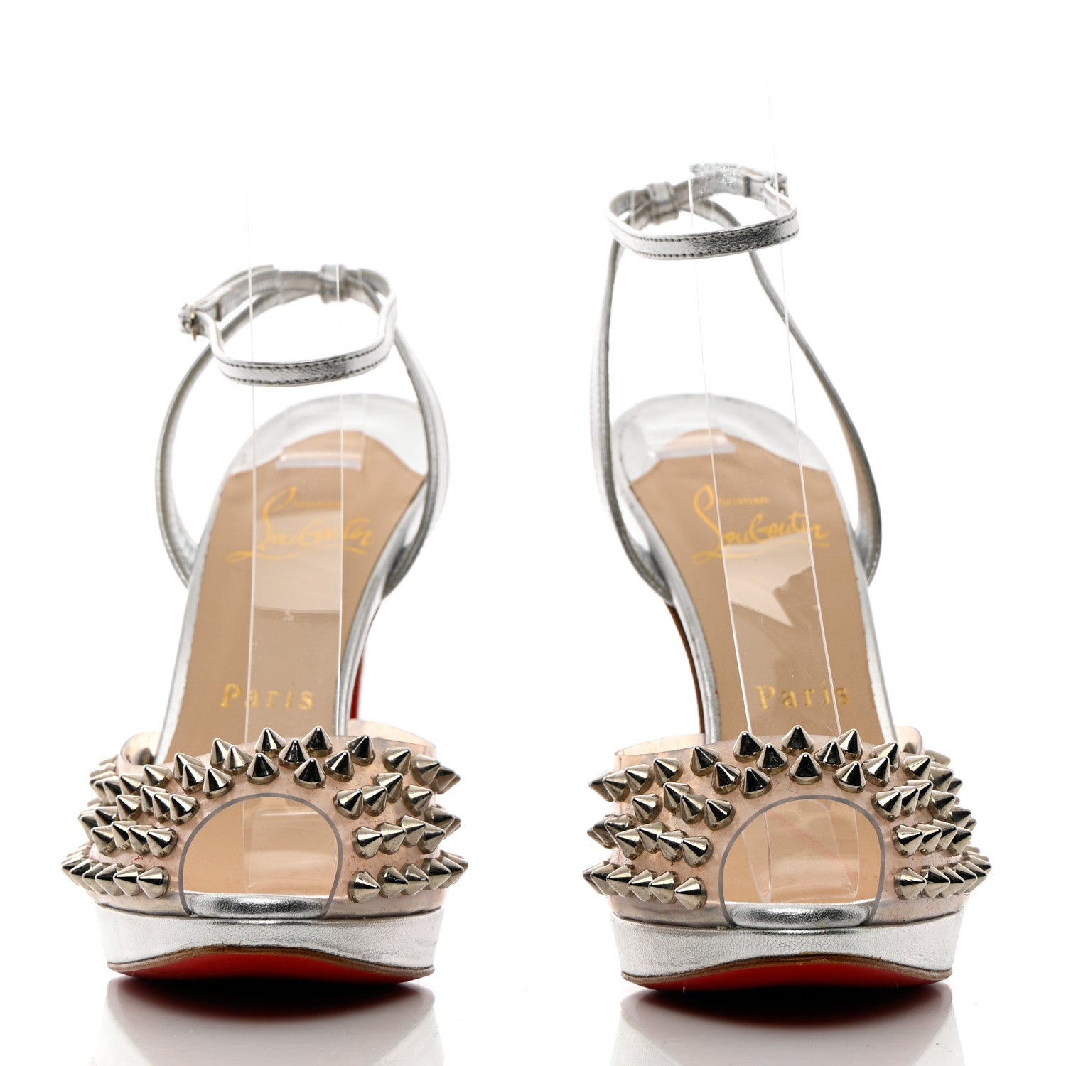 Christian Louboutin Nappa PVC Spiked St Jeannette 120 Peep Toe Pumps 35.5 Silver 2 of 10