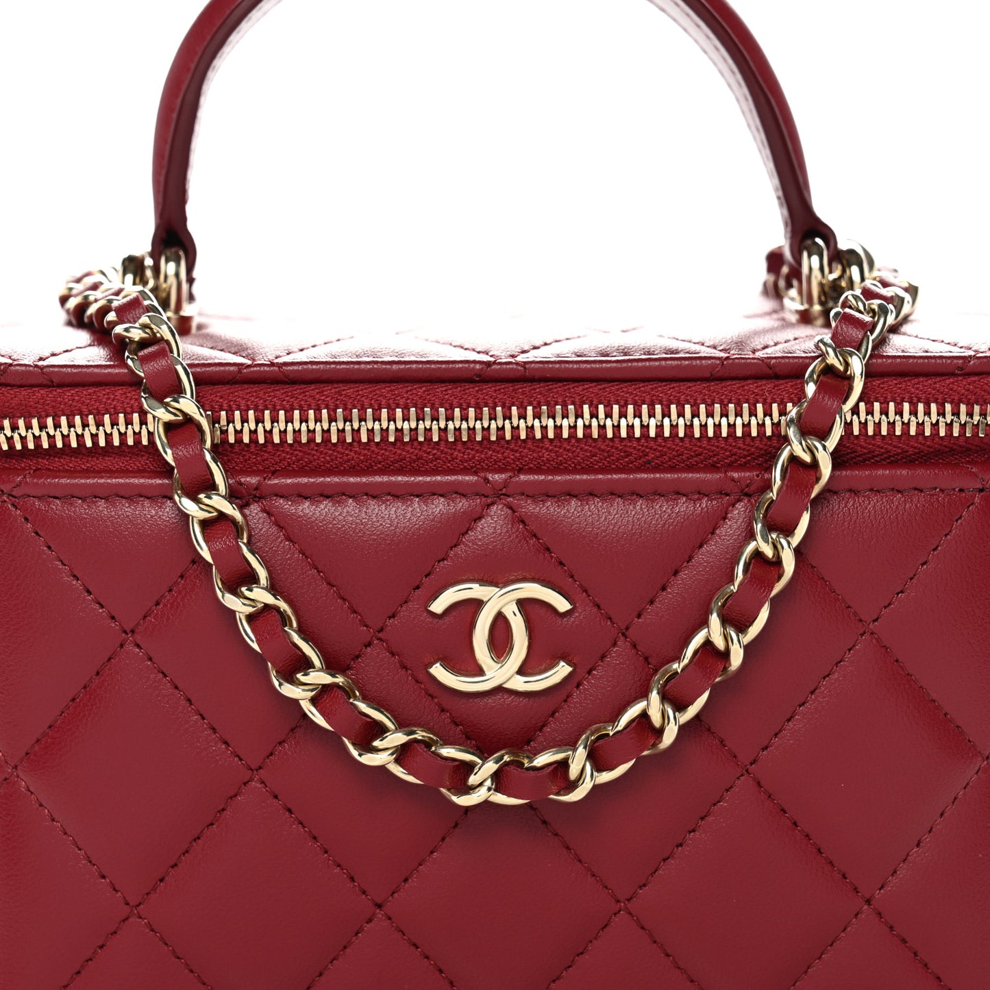 Lambskin Quilted Small Top Handle Vanity Case With Chain Burgundy