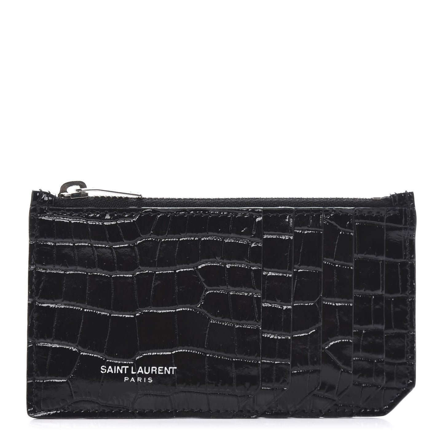 Calfskin Crocodile Embossed 5 Fragments Zip Pouch Card Holder Black