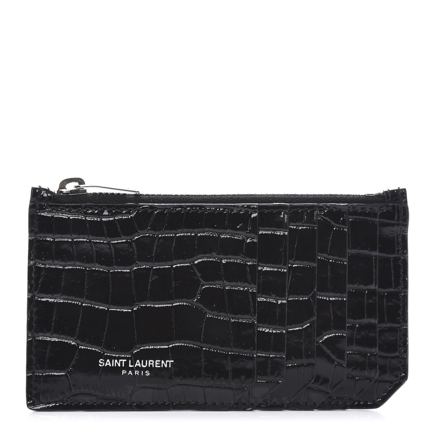 Saint Laurent Calfskin Crocodile Embossed 5 Fragments Zip Pouch Card Holder Black 1 of 7