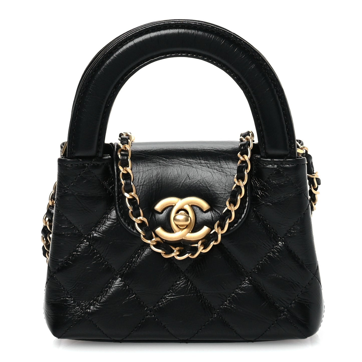 Shiny Aged Calfskin Quilted Mini Nano Kelly Shopper Black