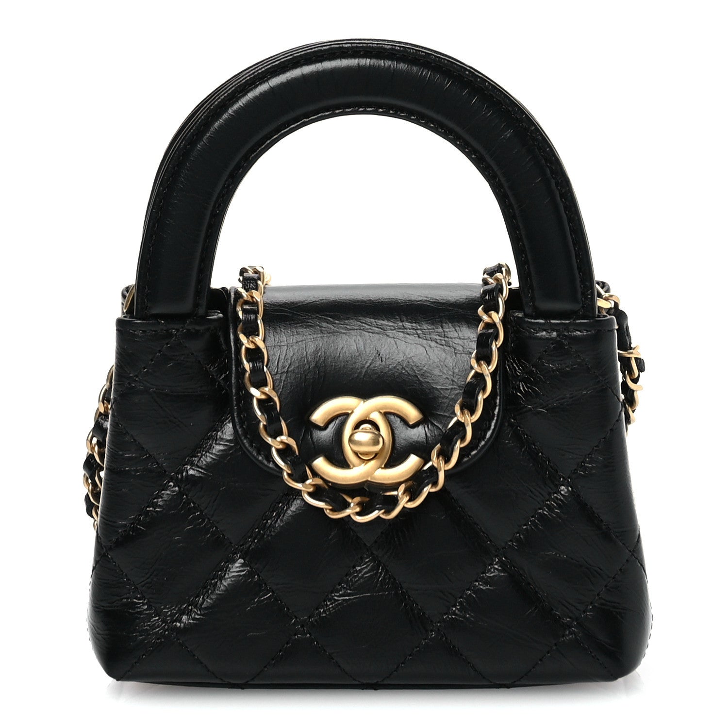 Chanel Shiny Aged Calfskin Quilted Mini Nano Kelly Shopper Black 1 of 11