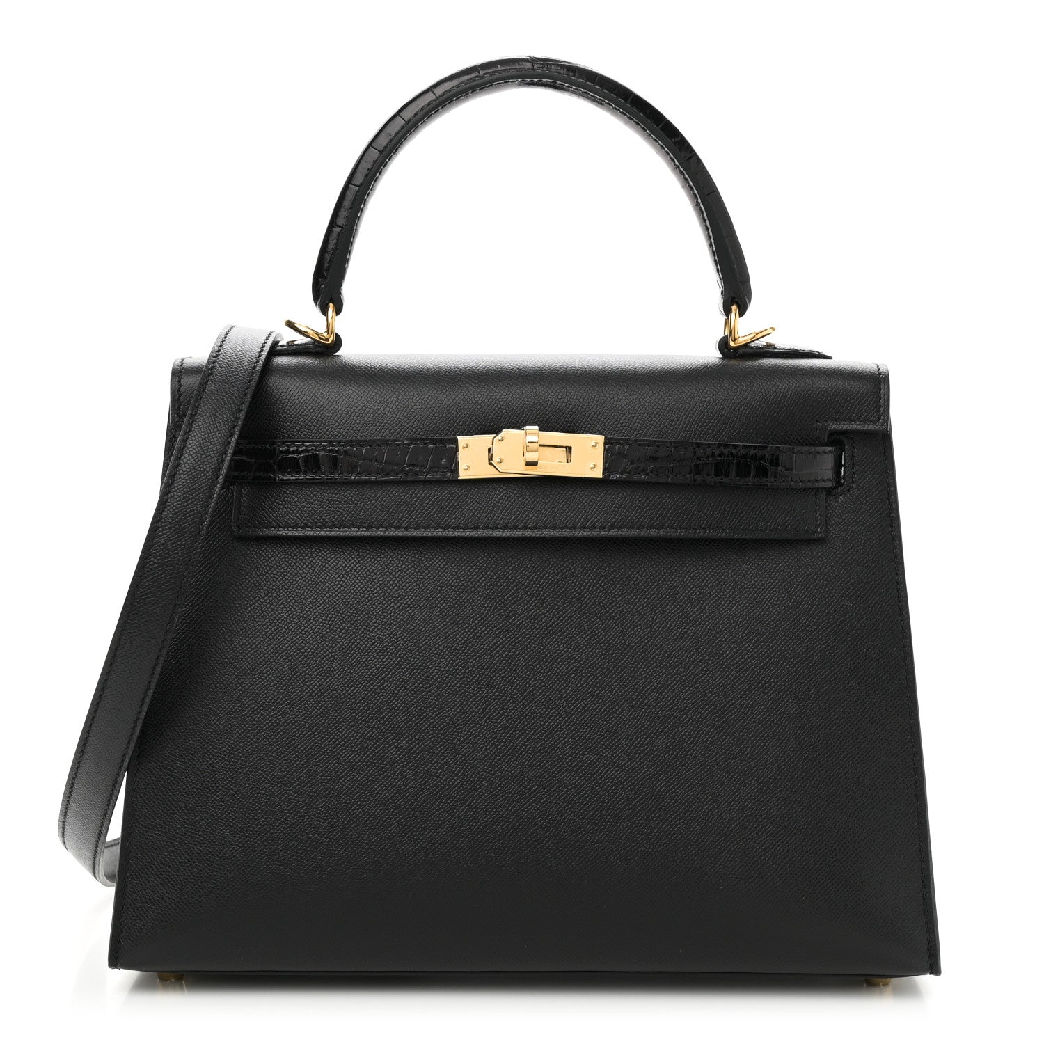 Hermes Madame Calfskin Shiny Niloticus Crocodile Kelly Sellier Touch 25 Black 1 of 11