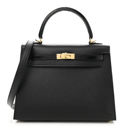 Hermes Madame Calfskin Shiny Niloticus Crocodile Kelly Sellier Touch 25 Black 1 of 11
