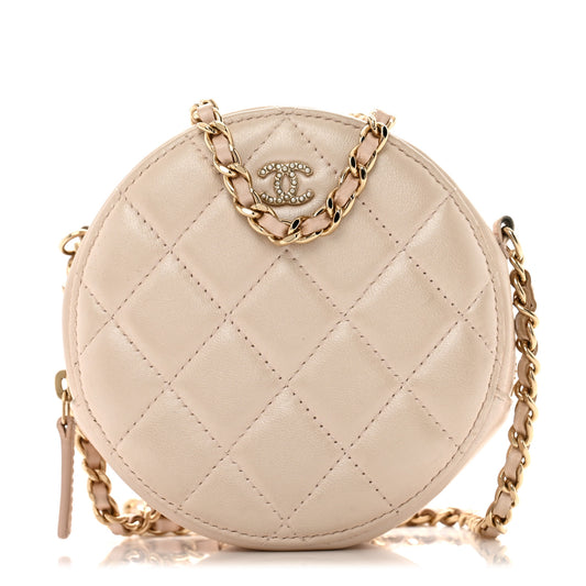 Iridescent Lambskin Quilted Pearl Round Clutch With Chain Light Beige