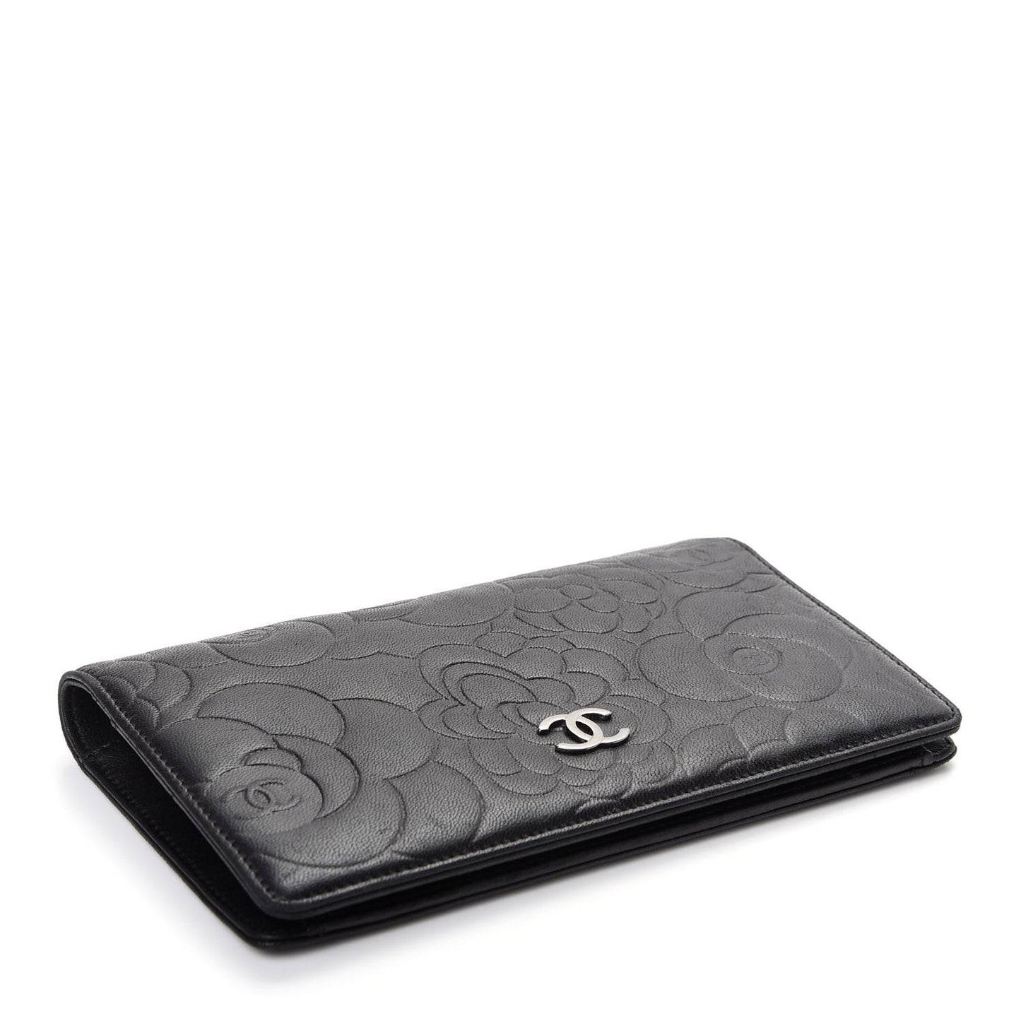 Lambskin Camellia Embossed Yen Wallet Black