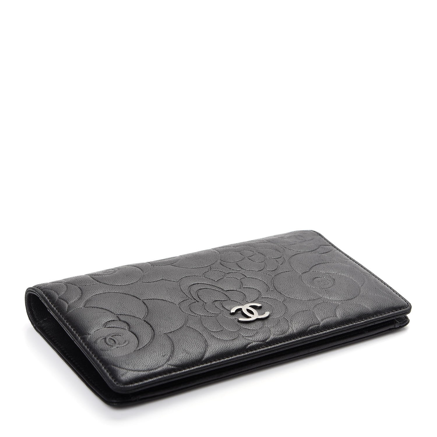 Chanel Lambskin Camellia Embossed Yen Wallet Black 4 of 10