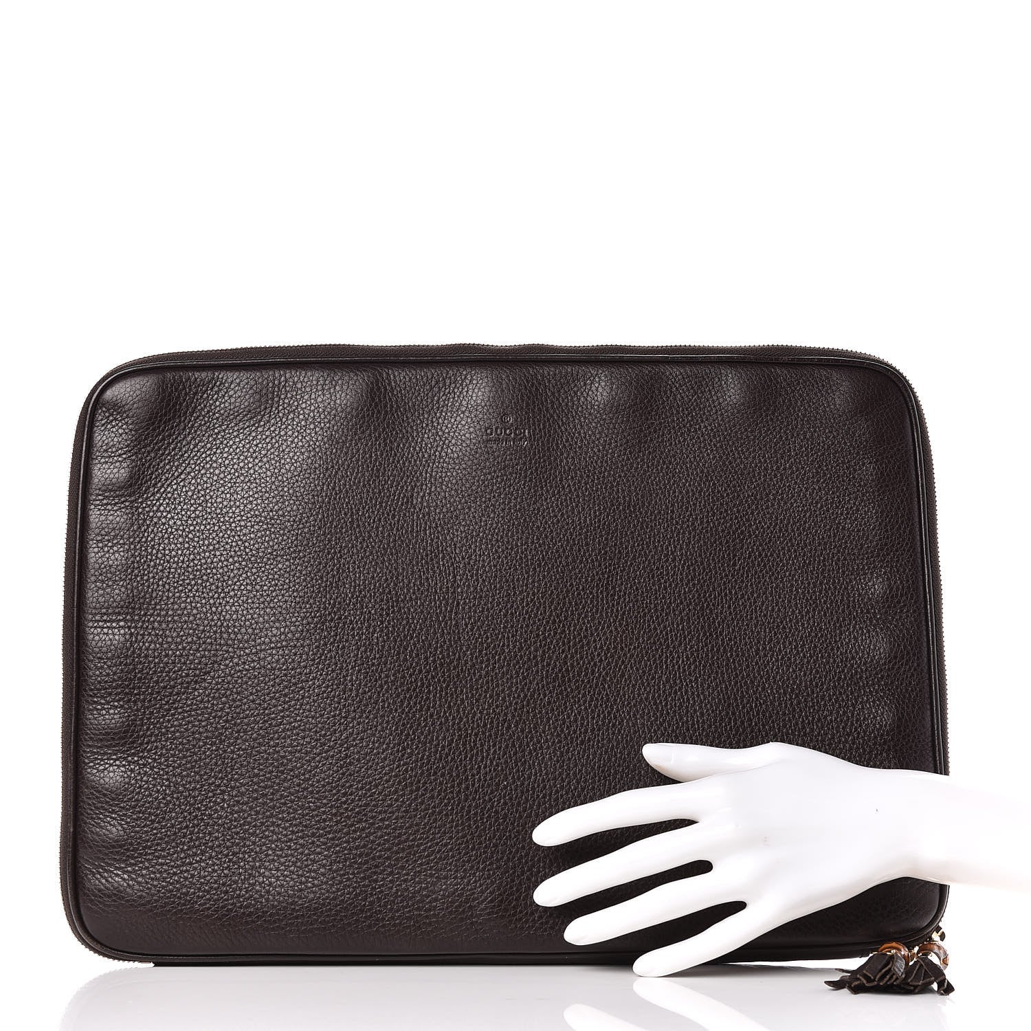 Gucci Grained Calfskin Bamboo Tassle Laptop Case Brown 2 of 13