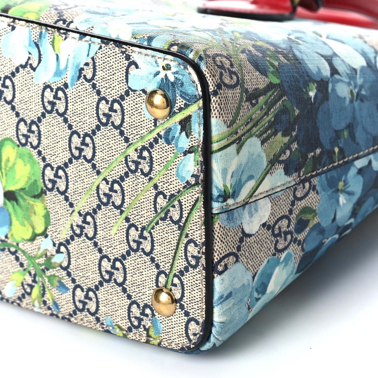 GG Supreme Monogram Blooms Small Zip Top Tote Beige Blue Navy Hibiscus Red