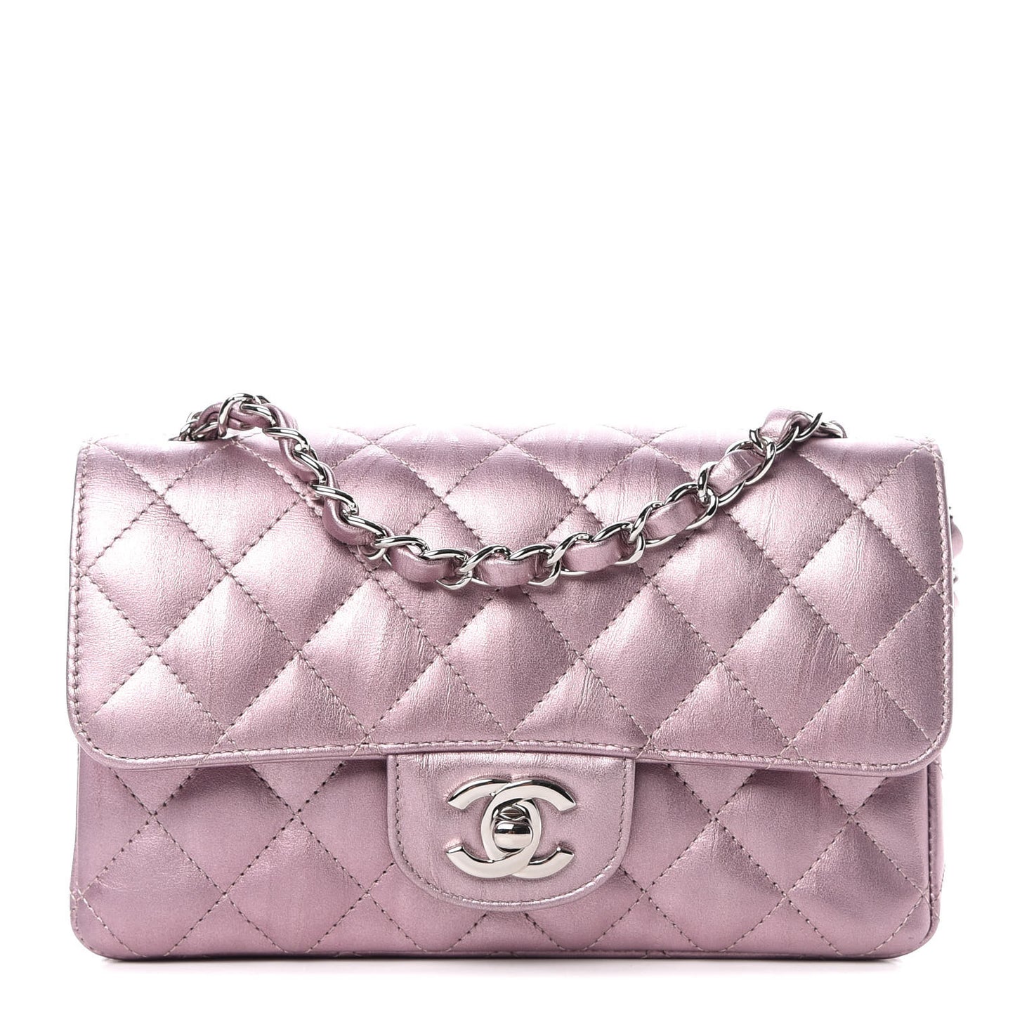 Metallic Calfskin Quilted Mini Rectangular Flap Pink