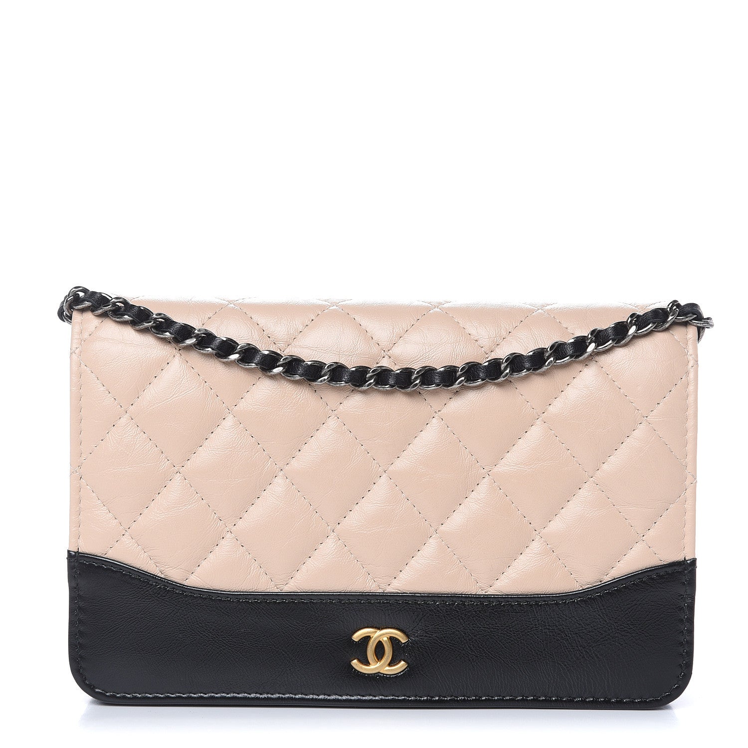 Chanel Aged Calfskin Quilted Gabrielle Wallet On Chain WOC Beige Black 1 of 13