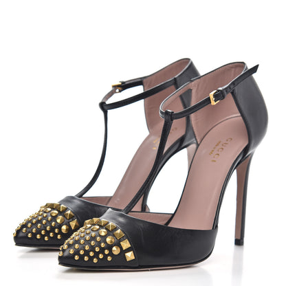 Gucci Malaga Kid Studded Cap Toe T Strap Pumps 35.5 Black 3 of 9
