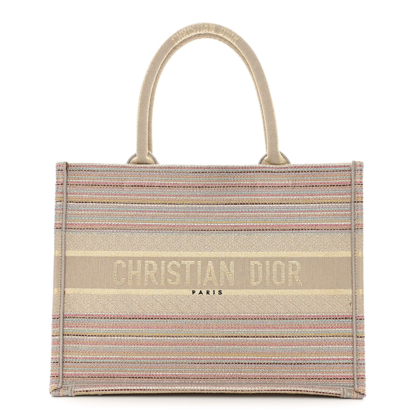 Canvas Embroidered Medium Stripes Book Tote Beige Multicolor