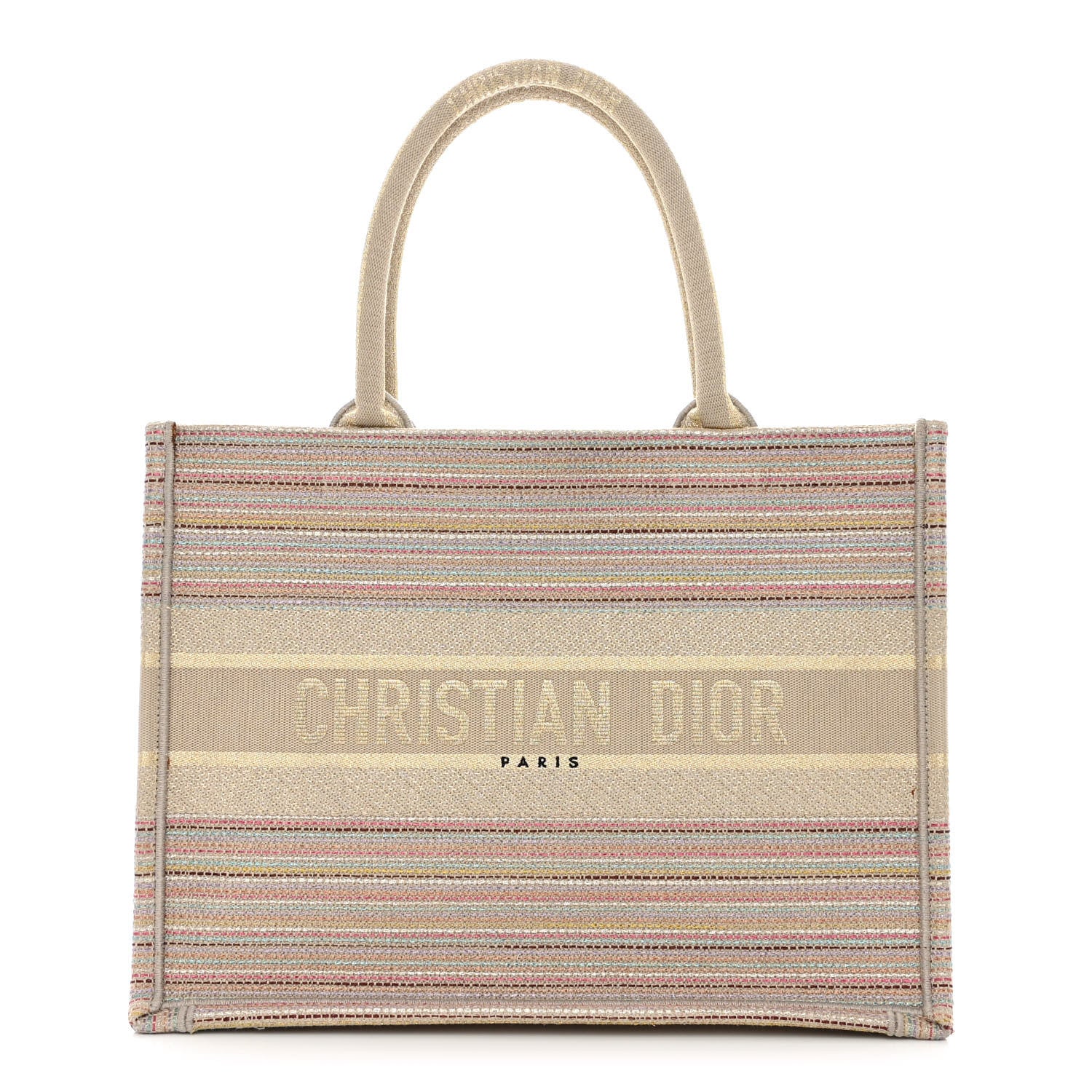 Christian Dior Canvas Embroidered Medium Stripes Book Tote Beige Multicolor 1 of 15