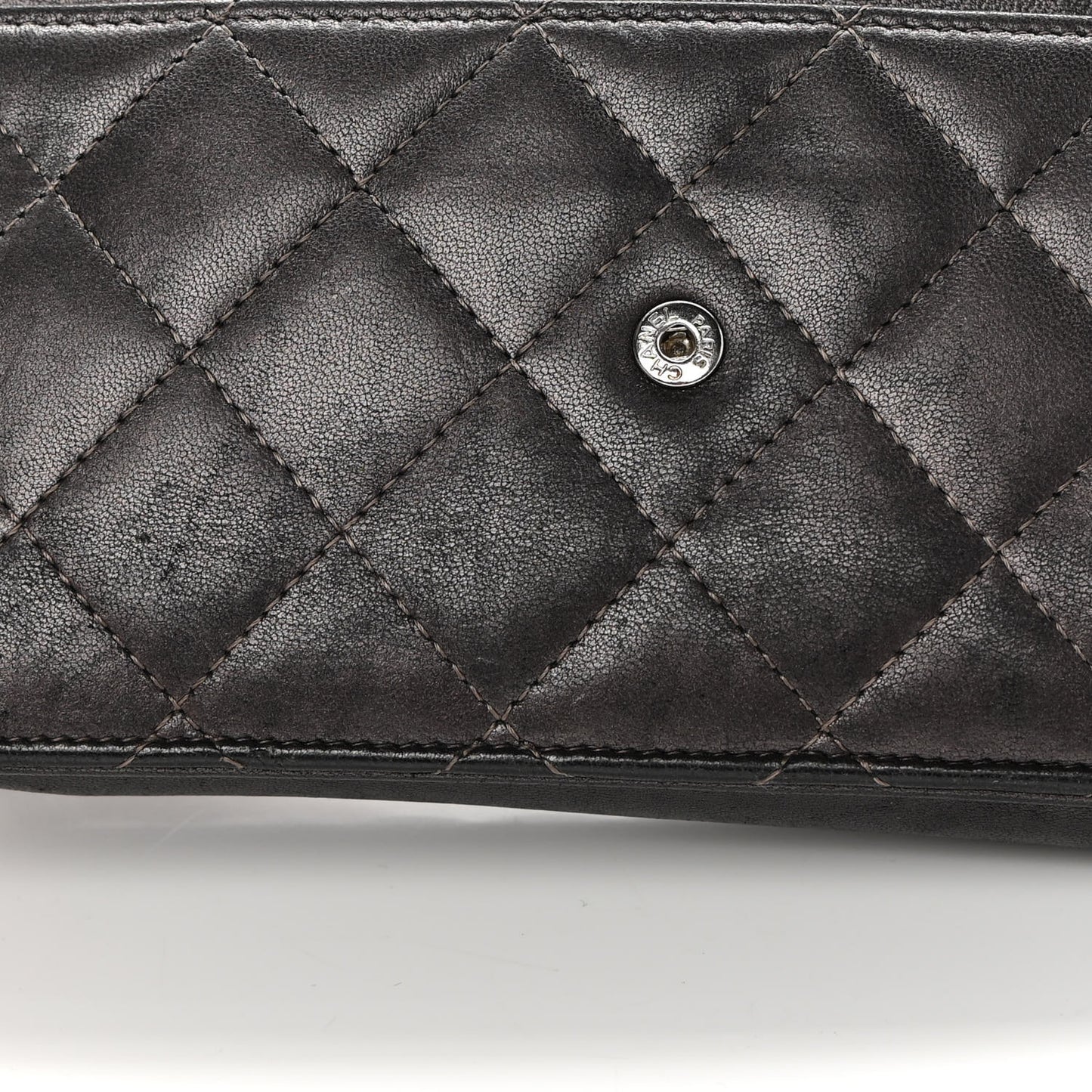 Metallic Lambskin Quilted Wallet On Chain WOC Dark Grey