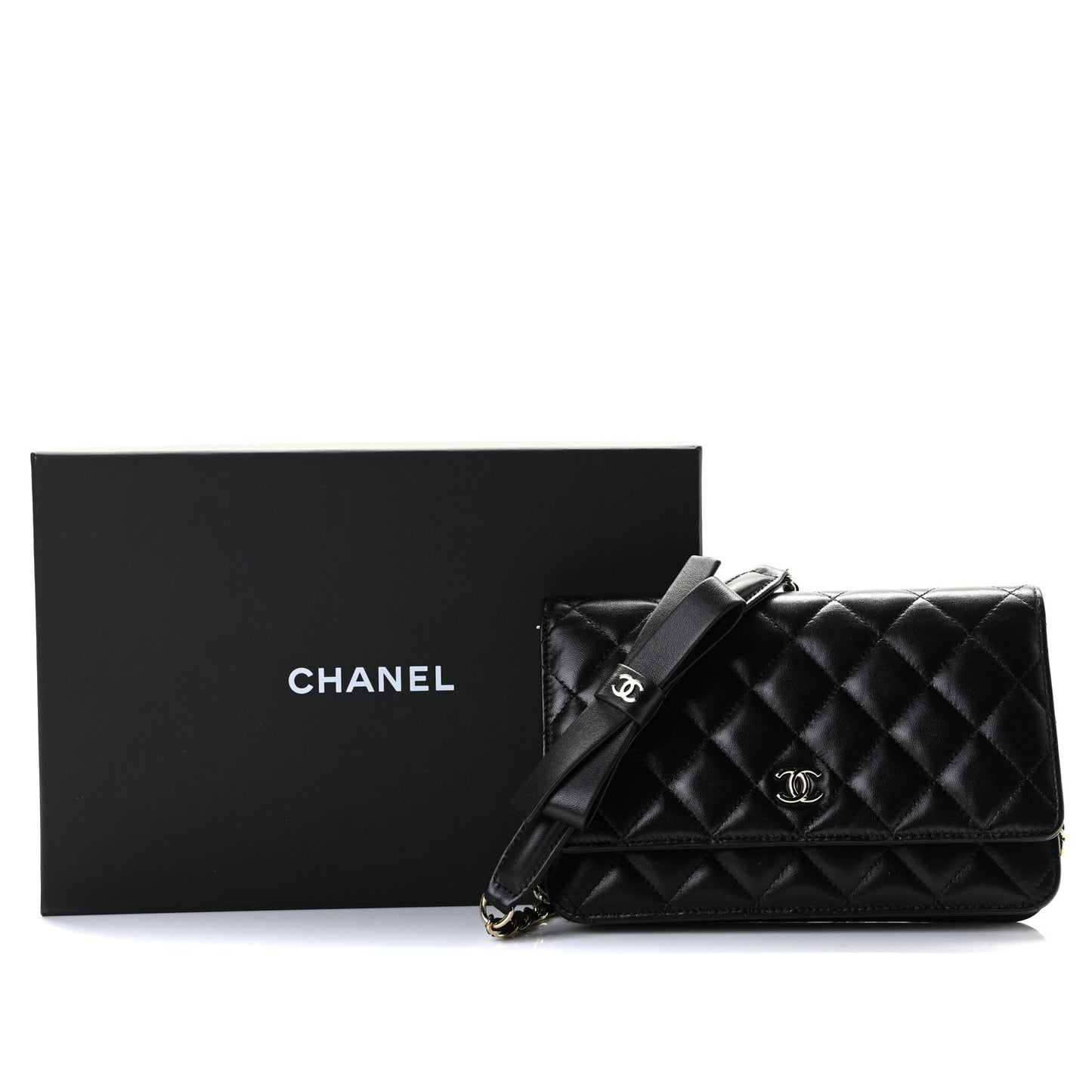 Lambskin Quilted Coco Bow Wallet On Chain WOC Black