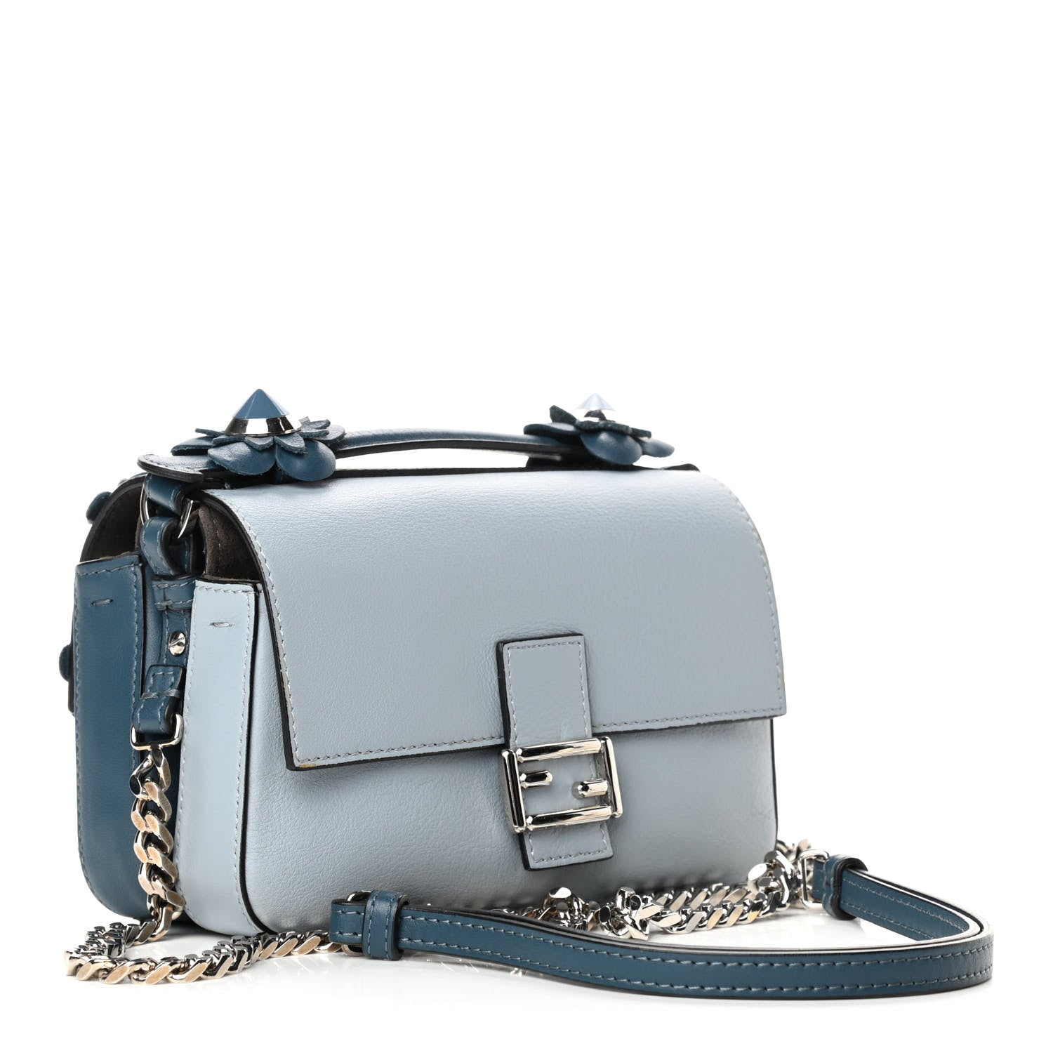 Fendi Vitello Dolce Crystal Flowerland Bi-Color Micro Double Baguette Pavone Ardesia 2 of 4