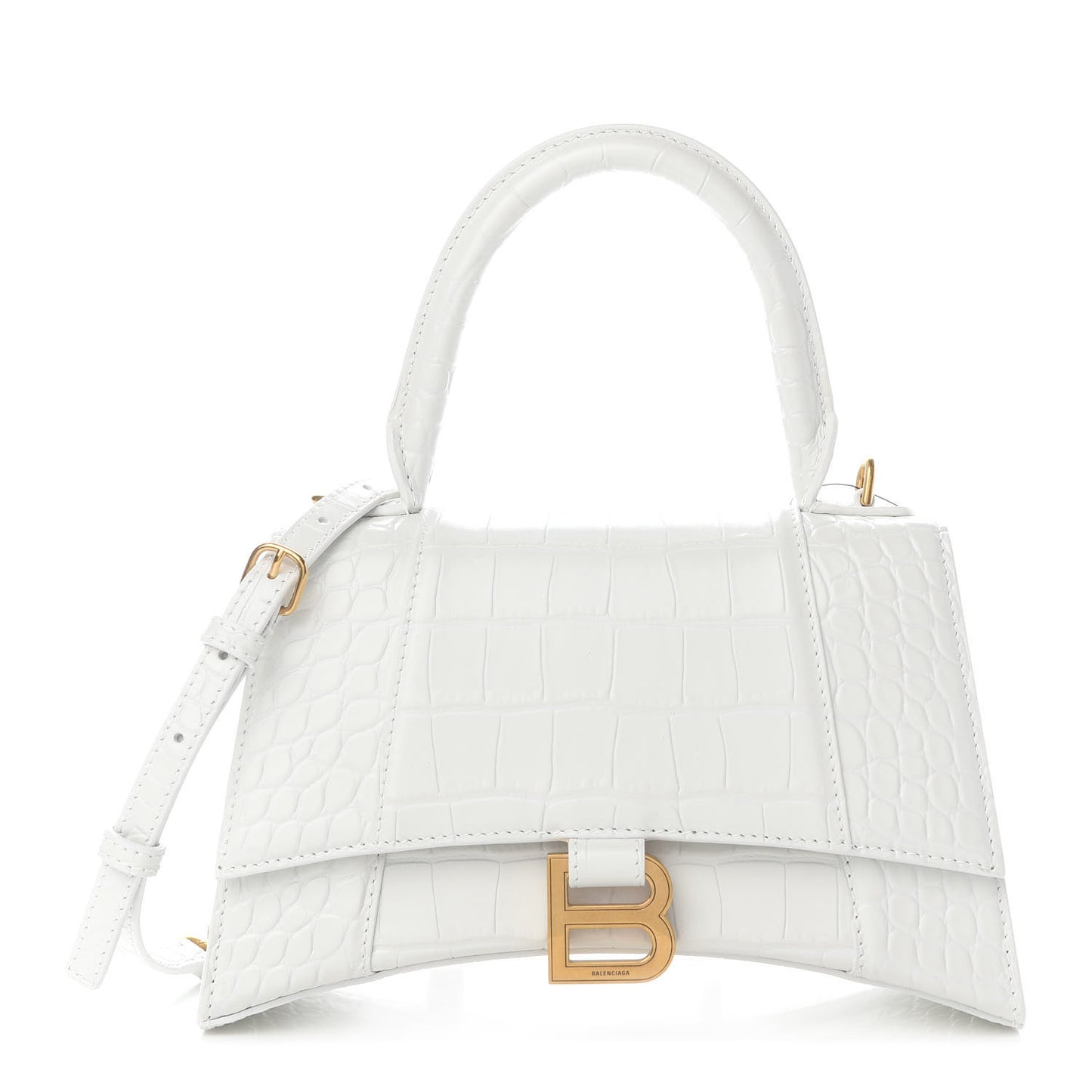 Shiny Calfskin Crocodile Embossed Small Hourglass Top Handle Bag White