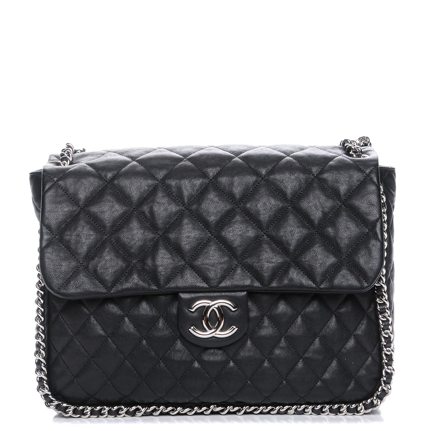 Washed Lambskin Quilted Maxi Chain Around Flap Black