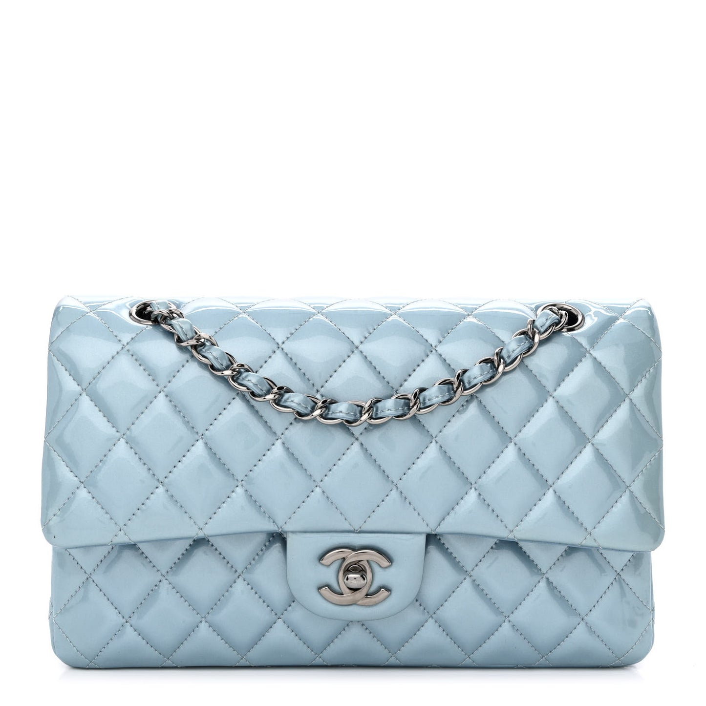 Patent Calfskin Quilted Medium Double Flap Turquoise