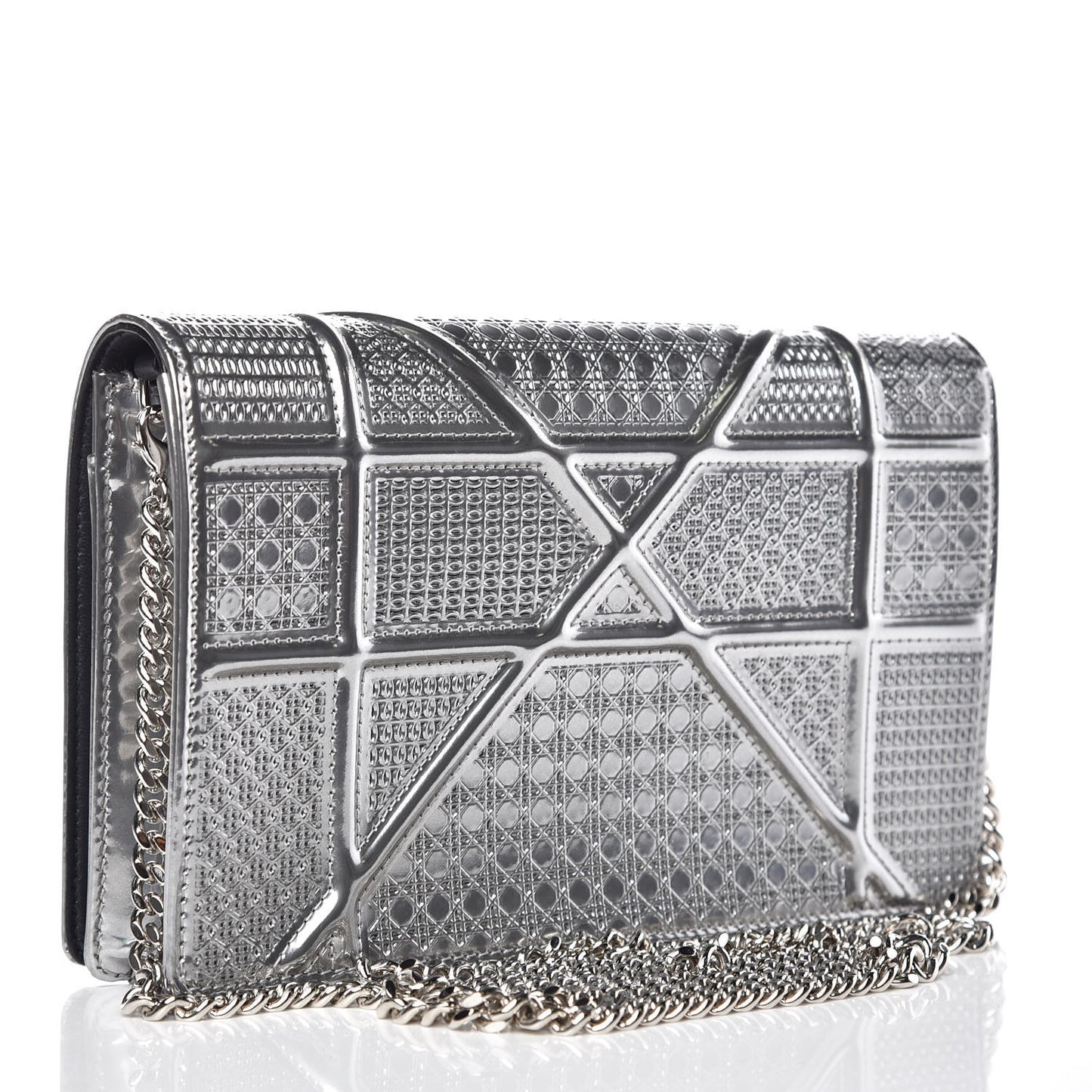 Metallic Patent Micro-Cannage Diorama Wallet on Chain Pouch Silver