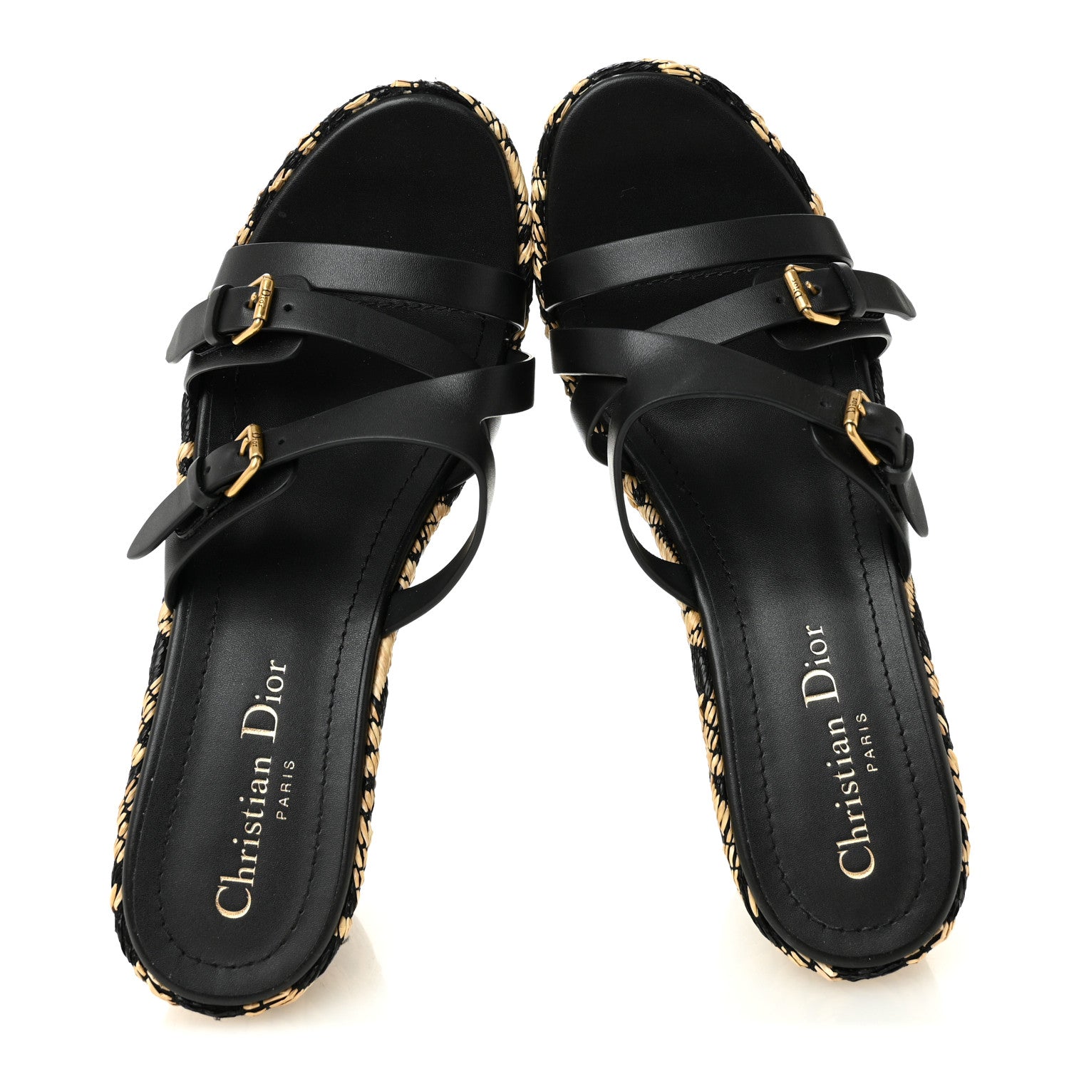 Christian Dior Raffia Calfskin L'Amazone Wedge Sandals 37 Black