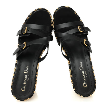 Christian Dior Raffia Calfskin L'Amazone Wedge Sandals 37 Black Natural 2 of 9