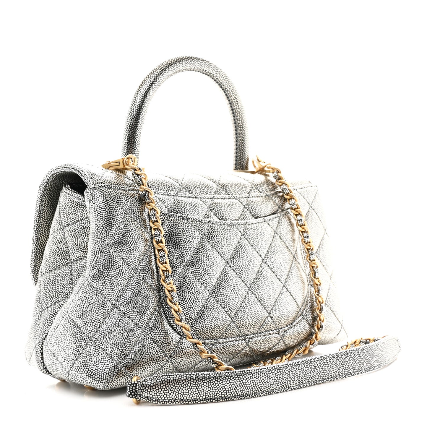 Metallic Caviar Quilted Mini Coco Handle Flap Silver