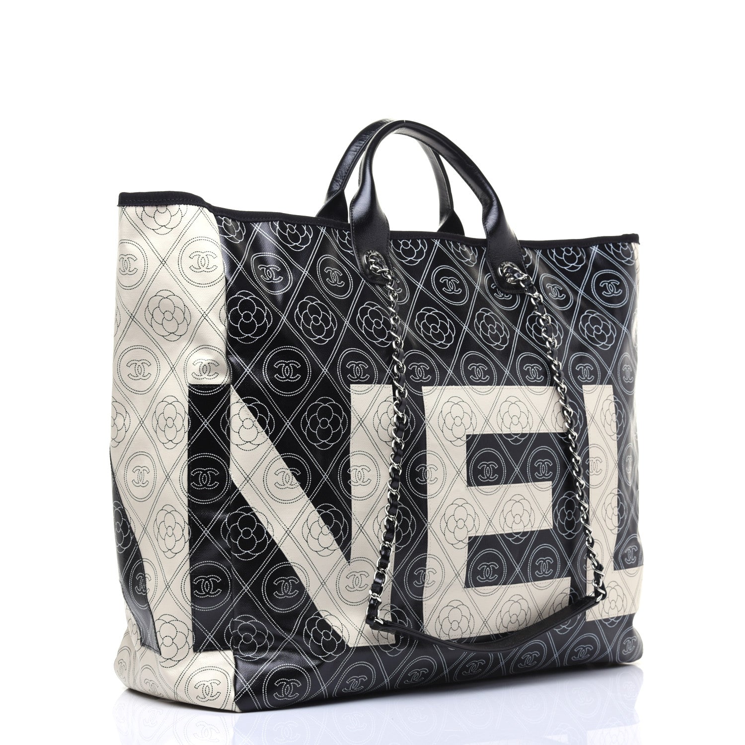 Chanel Coated Canvas Camellia Large Shopping Tote Black Beige 3 of 17
