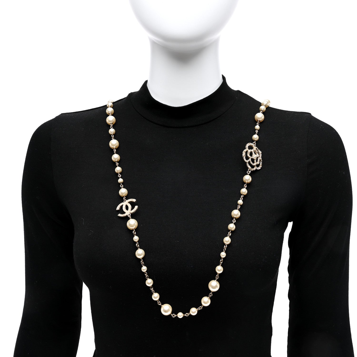 Chanel Pearl Crystal Camellia CC Long Necklace Gold 2 of 9