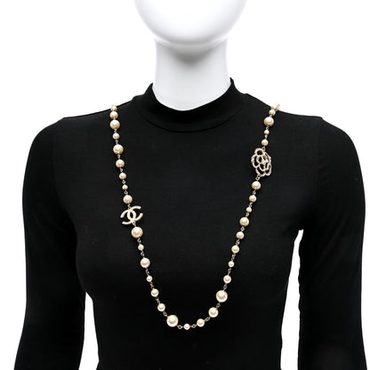 Chanel Pearl Crystal Camellia CC Long Necklace Gold 2 of 9