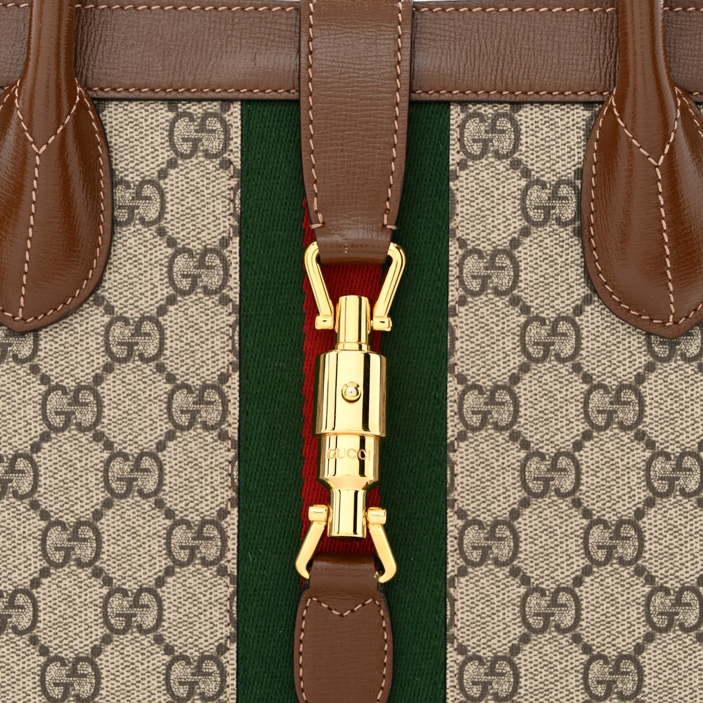 GG Supreme Monogram Azalea Calfskin Web Medium Jackie 1961 Tote Beige Ebony Brown Sugar