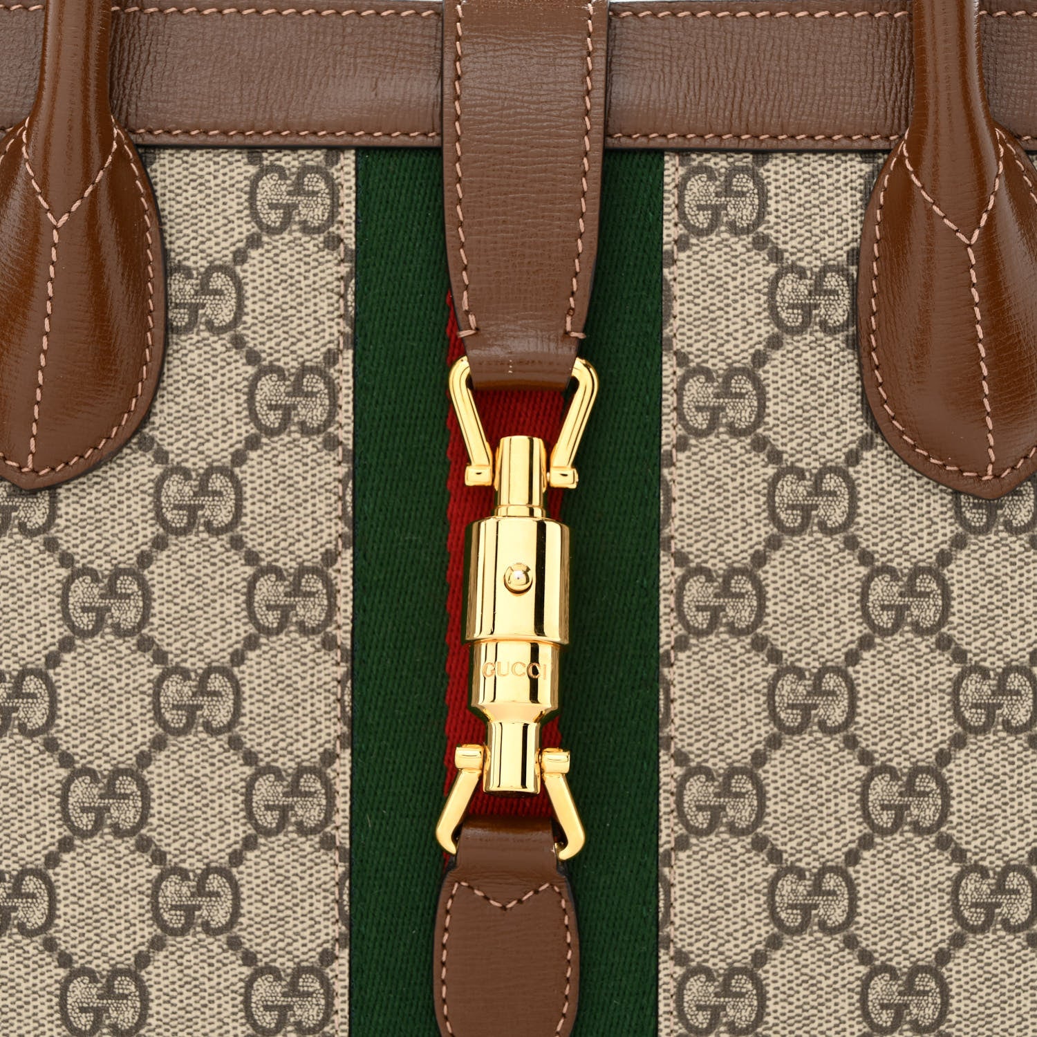 Gucci GG Supreme Monogram Azalea Calfskin Web Medium Jackie 1961 Tote Beige Ebony Brown Sugar 8 of 12