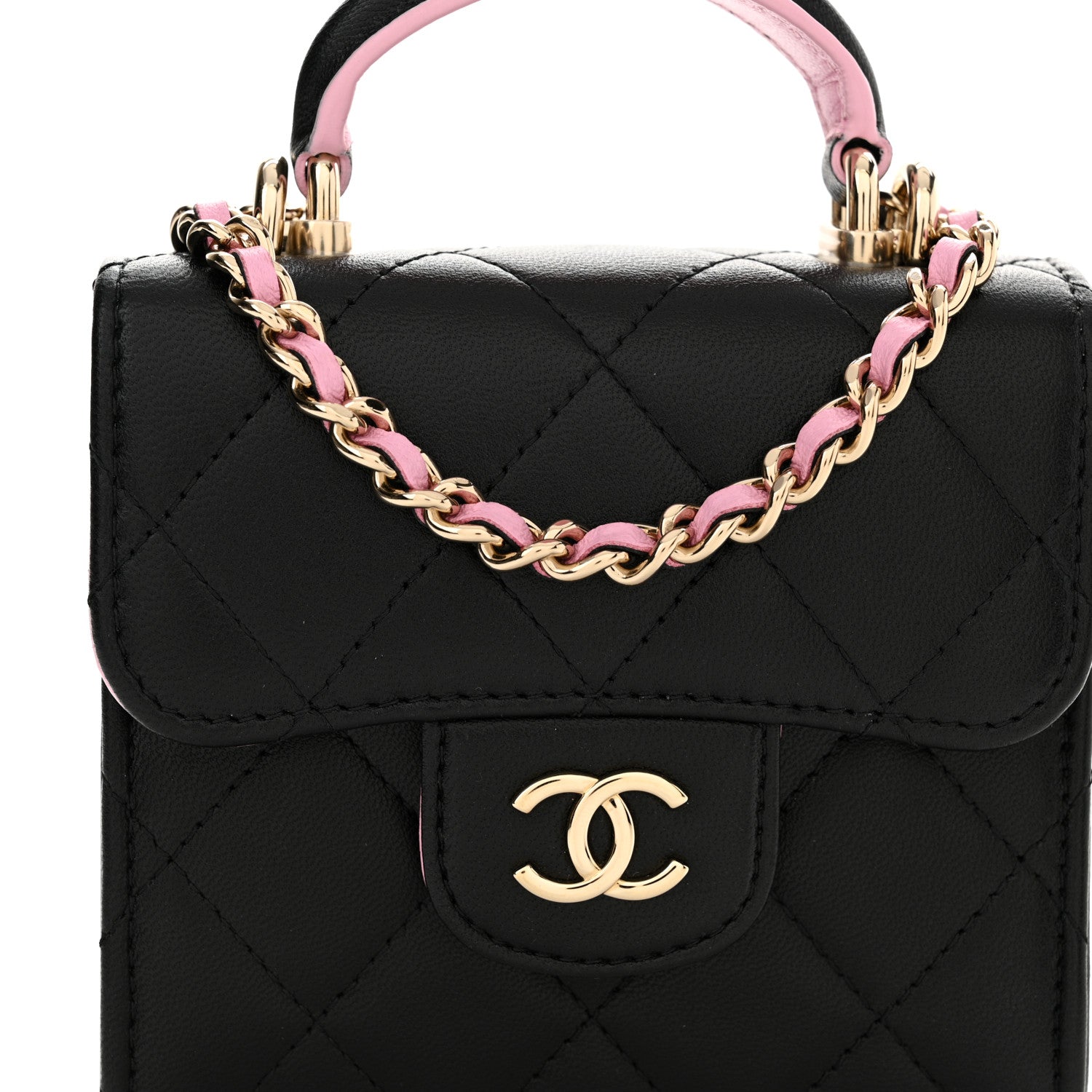 Chanel Lambskin Quilted Bi-Color Top Handle Clutch With Chain Black Pink 8 of 11