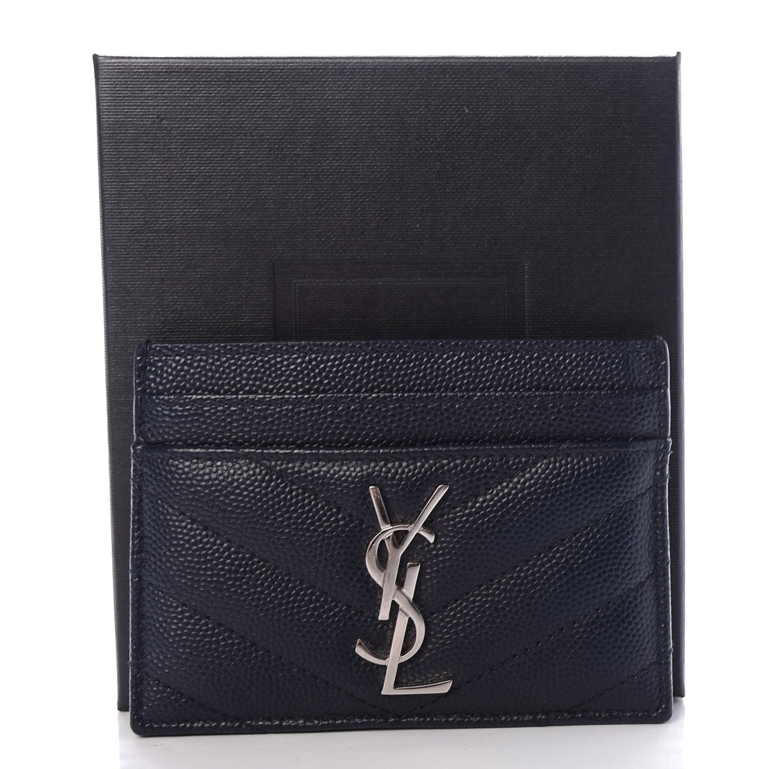 Saint Laurent Grain De Poudre Matelasse Monogram Chevron Credit Card Case Deep Marine 12 of 12