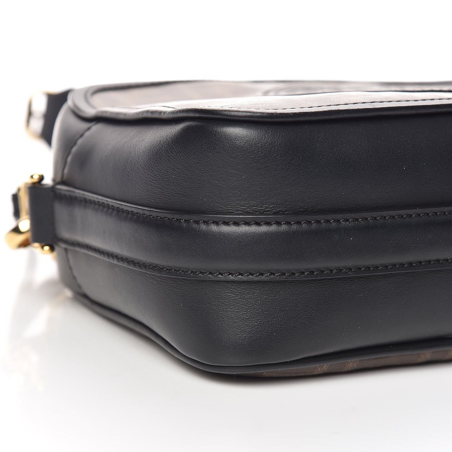 Glazed Fabric Vitello Century F is Fendi FF 1974 Stamp Patch Camera Case Mogano Panna Black