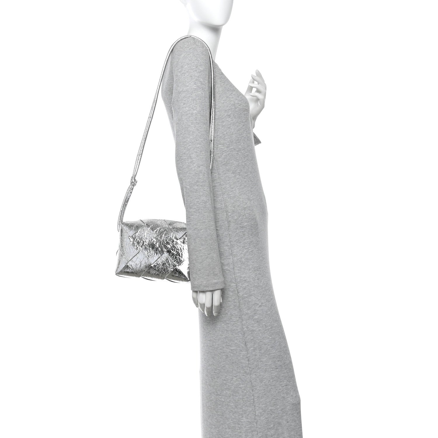 Bottega Veneta Metallic Crinkled Lambskin Maxi Intrecciato Small Cassette Camera Bag Silver 2 of 9