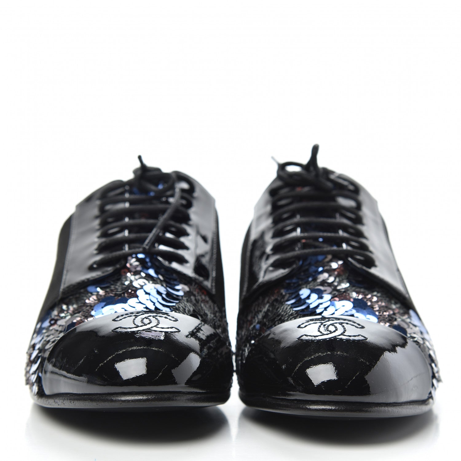 Chanel Patent Calfskin Sequin CC Cap Toe Womens Lace Up Oxfords 36 Blue Black 2 of 8