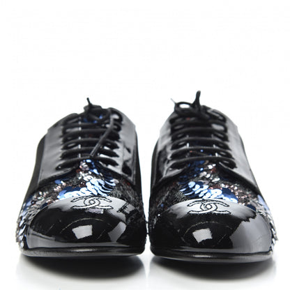 Chanel Patent Calfskin Sequin CC Cap Toe Womens Lace Up Oxfords 36 Blue Black 2 of 8