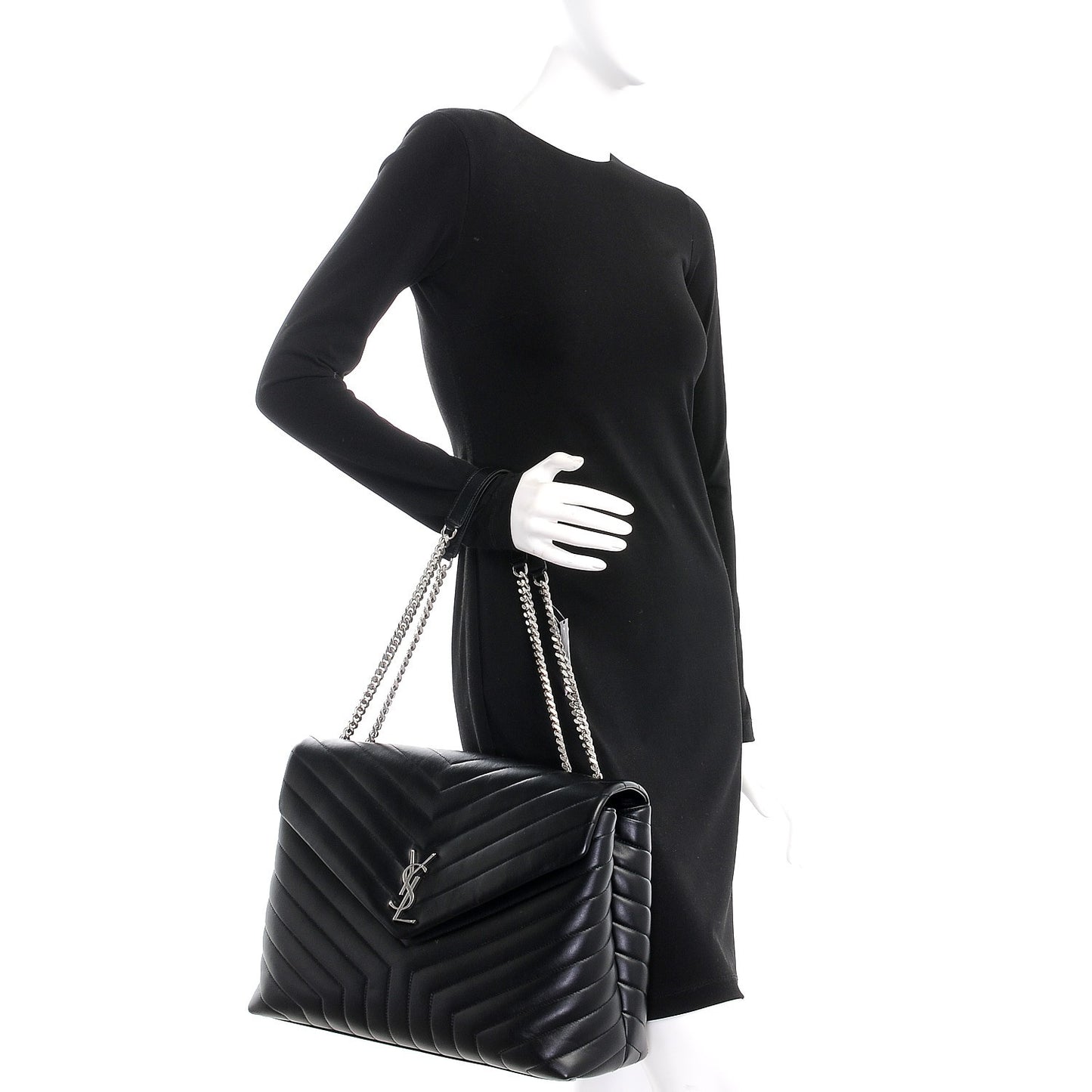 Calfskin Y Quilted Monogram Large Loulou Chain Satchel Black