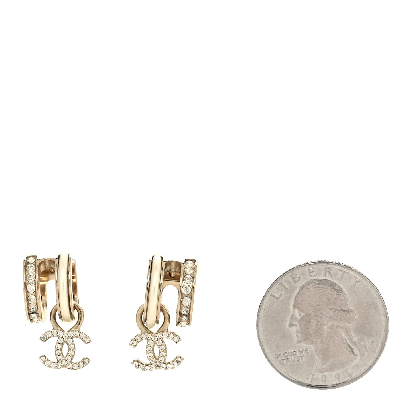 Crystal CC Hoop Drop Earrings Gold Pearly White