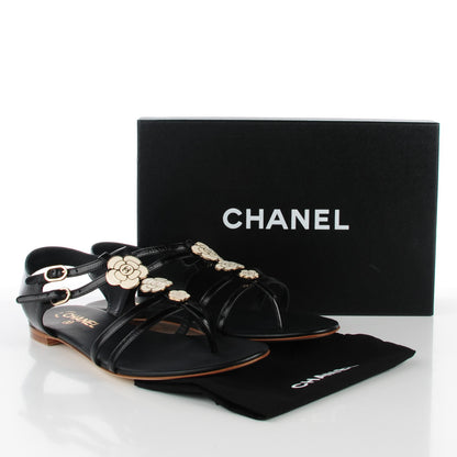 Chanel Crumpled Calfskin Enamel CC Camellia Thong Sandals 41 Black 7 of 7