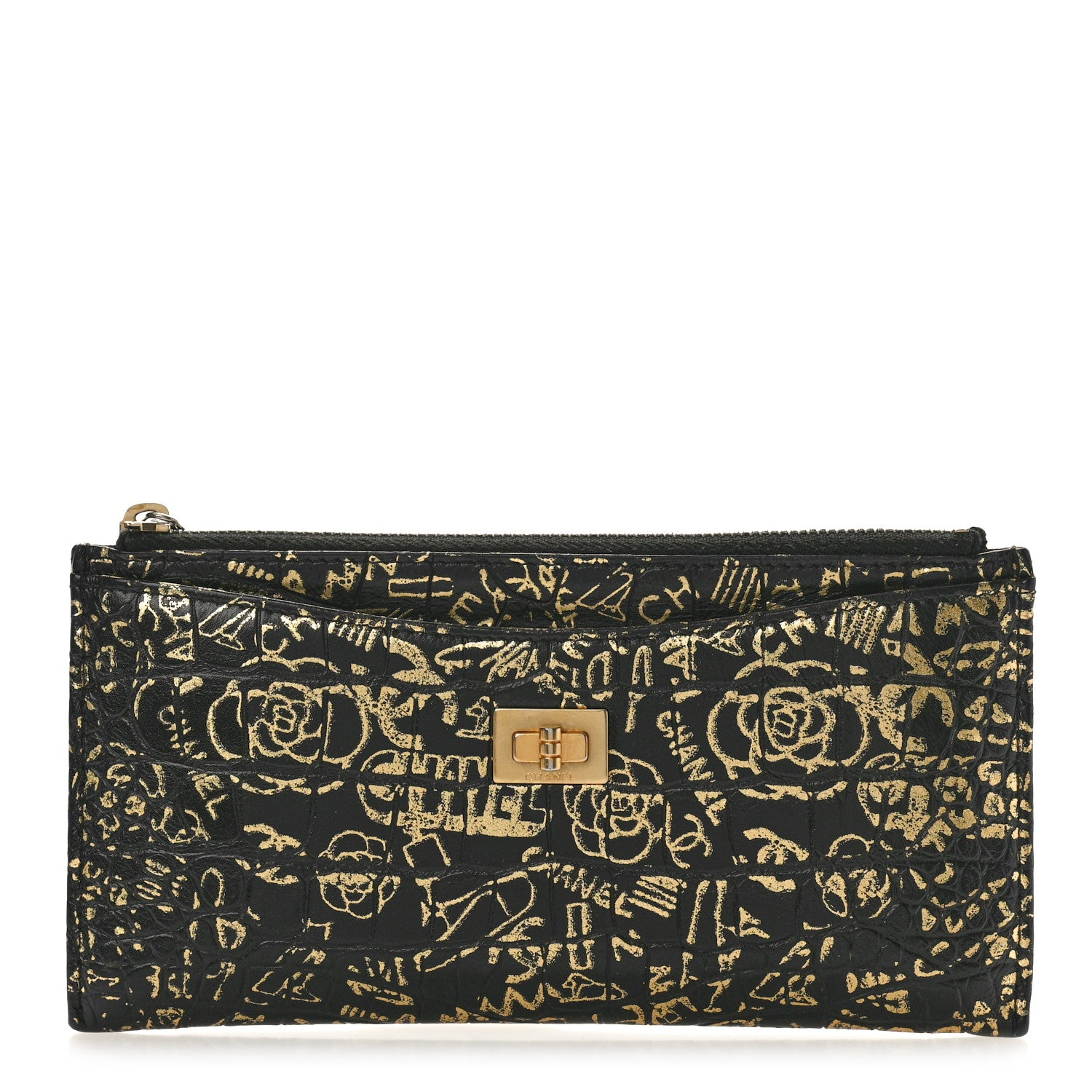 Chanel Calfskin Crocodile Embossed Graffiti 2.55 Cocodile Reissue Zip Pouch Black Gold 1 of 8