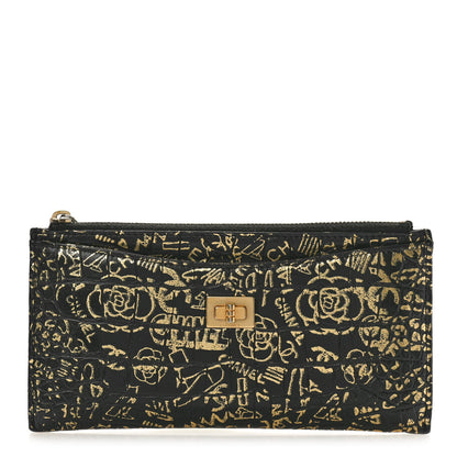 Chanel Calfskin Crocodile Embossed Graffiti 2.55 Cocodile Reissue Zip Pouch Black Gold 1 of 8