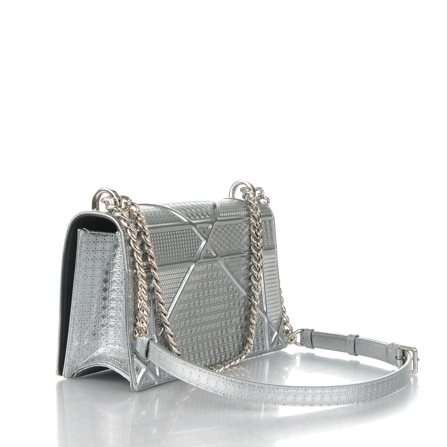Christian Dior Metallic Patent Micro-Cannage Medium Diorama Flap Bag Silver 3 of 8