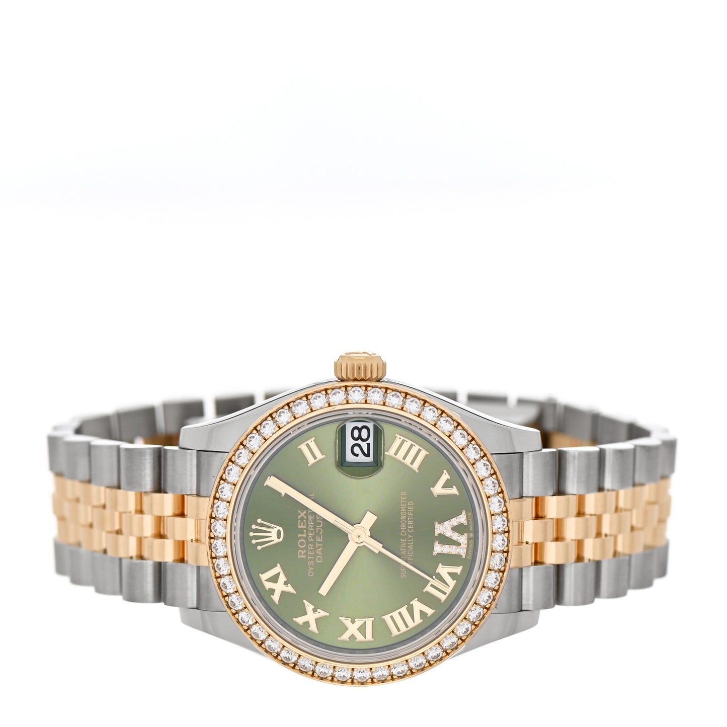 Stainless Steel 18K Yellow Gold Diamond 31mm Oyster Perpetual Datejust Watch Olive Green Roman 278383