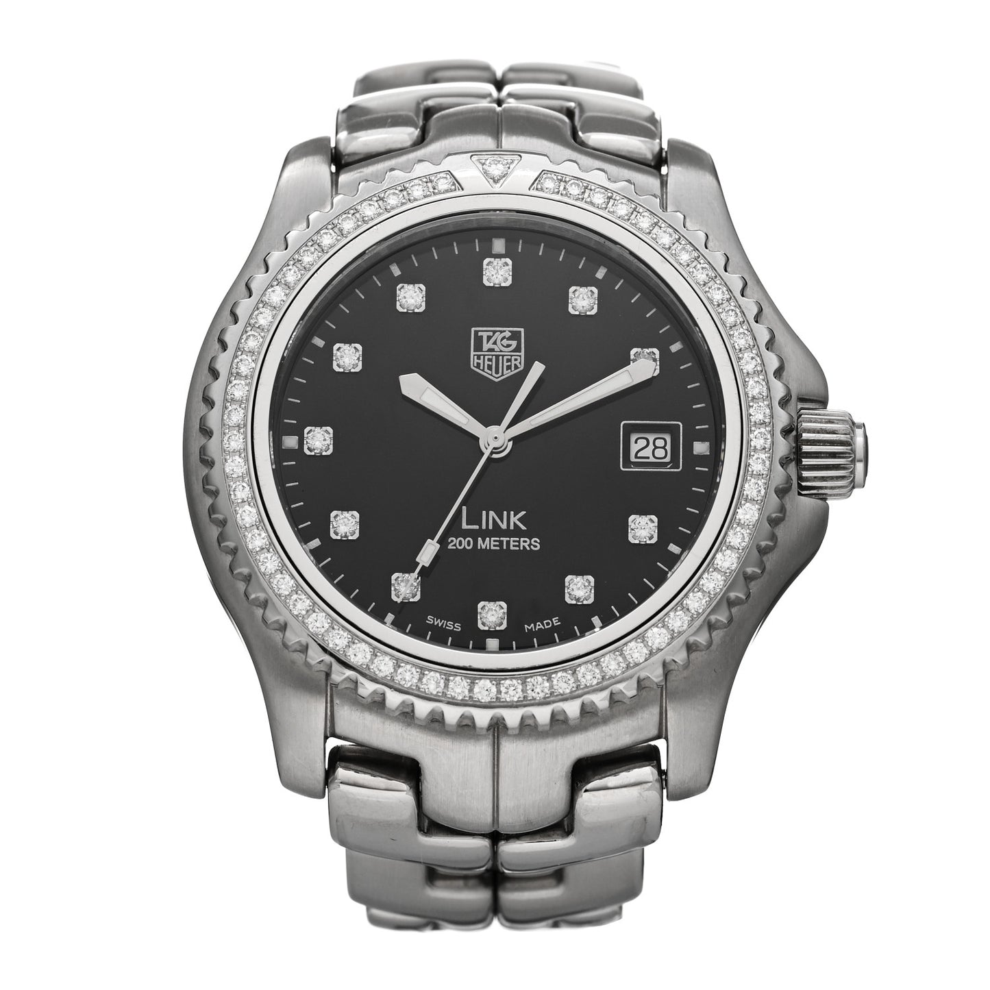 Stainless Steel Diamond Bezel 41mm Link Quartz Watch Black WT111P