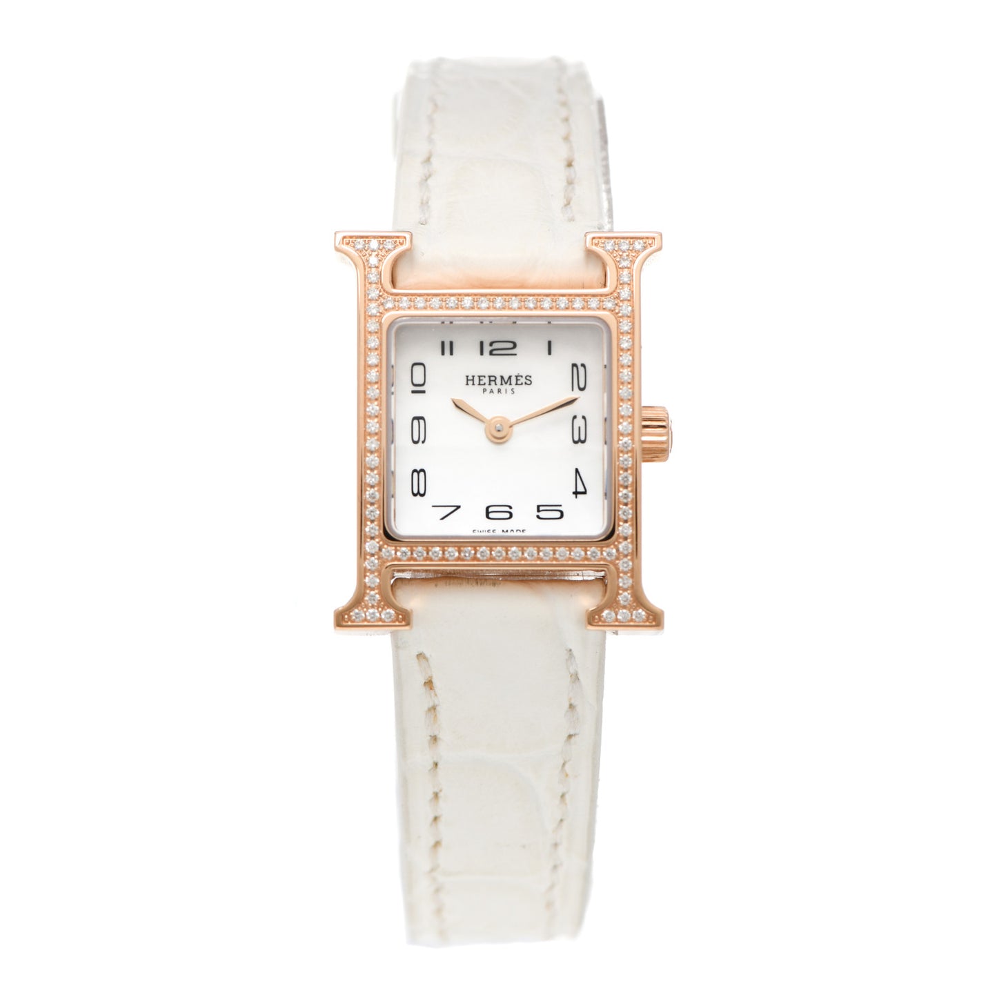 18K Rose Gold Alligator Diamond Bezel Mother of Pearl 17.2mm Heure H Hour Quartz Watch Blanc
