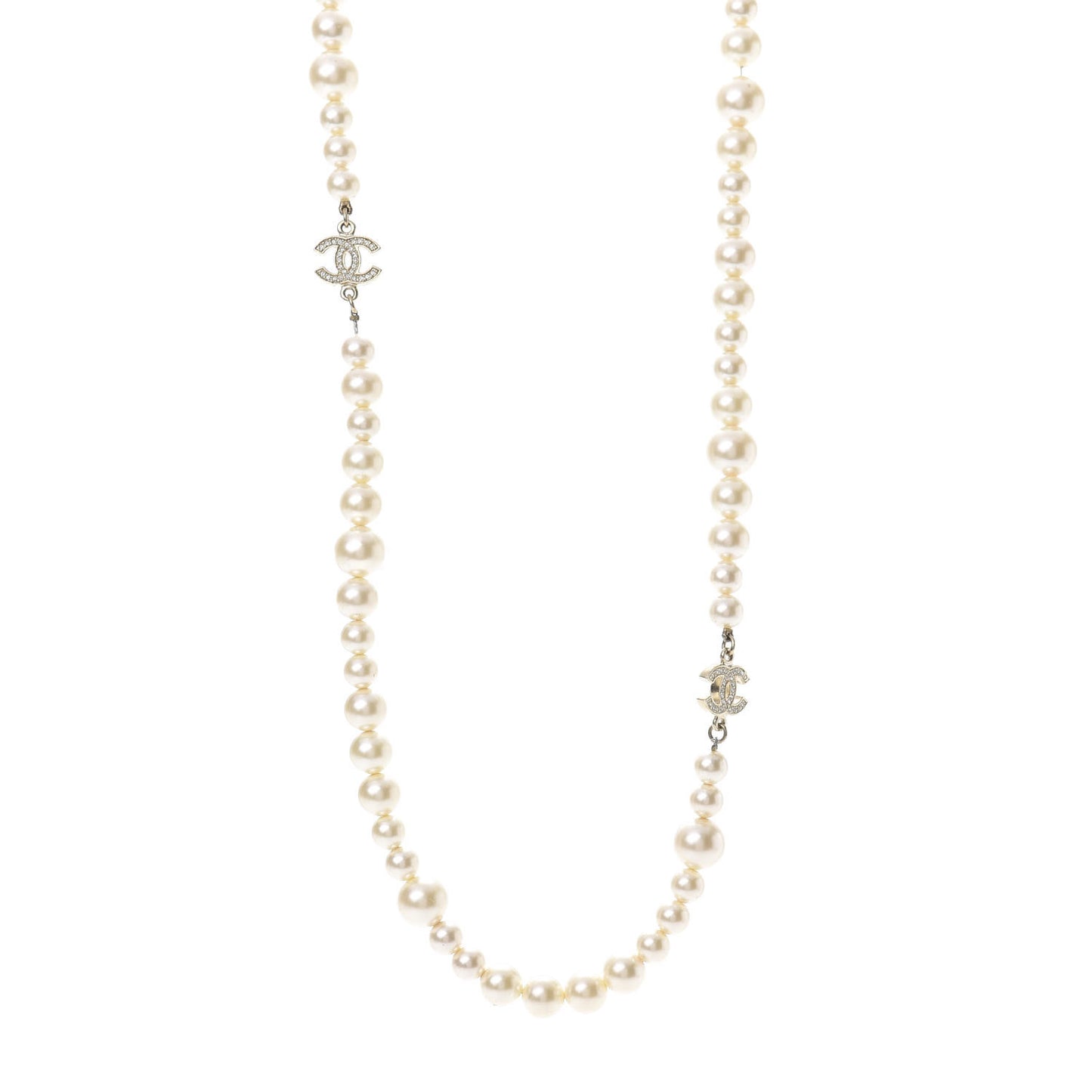 Pearl Crystal Long CC Necklace Gold