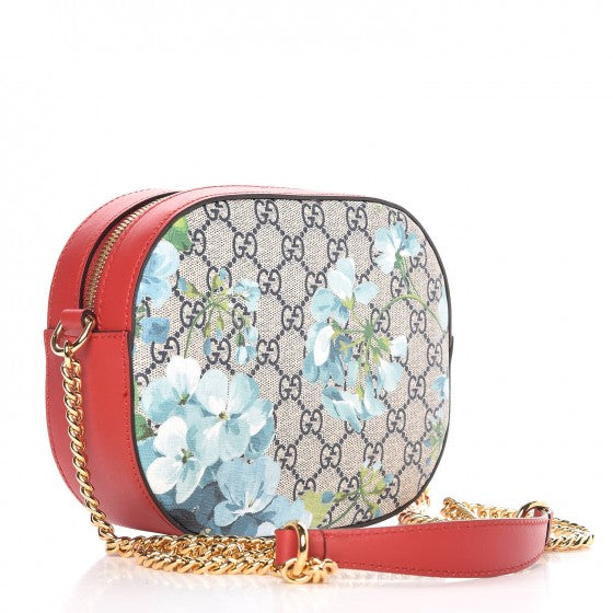 GG Supreme Monogram Blooms Mini Chain Shoulder Bag Beige Blue Navy Hibiscus Red